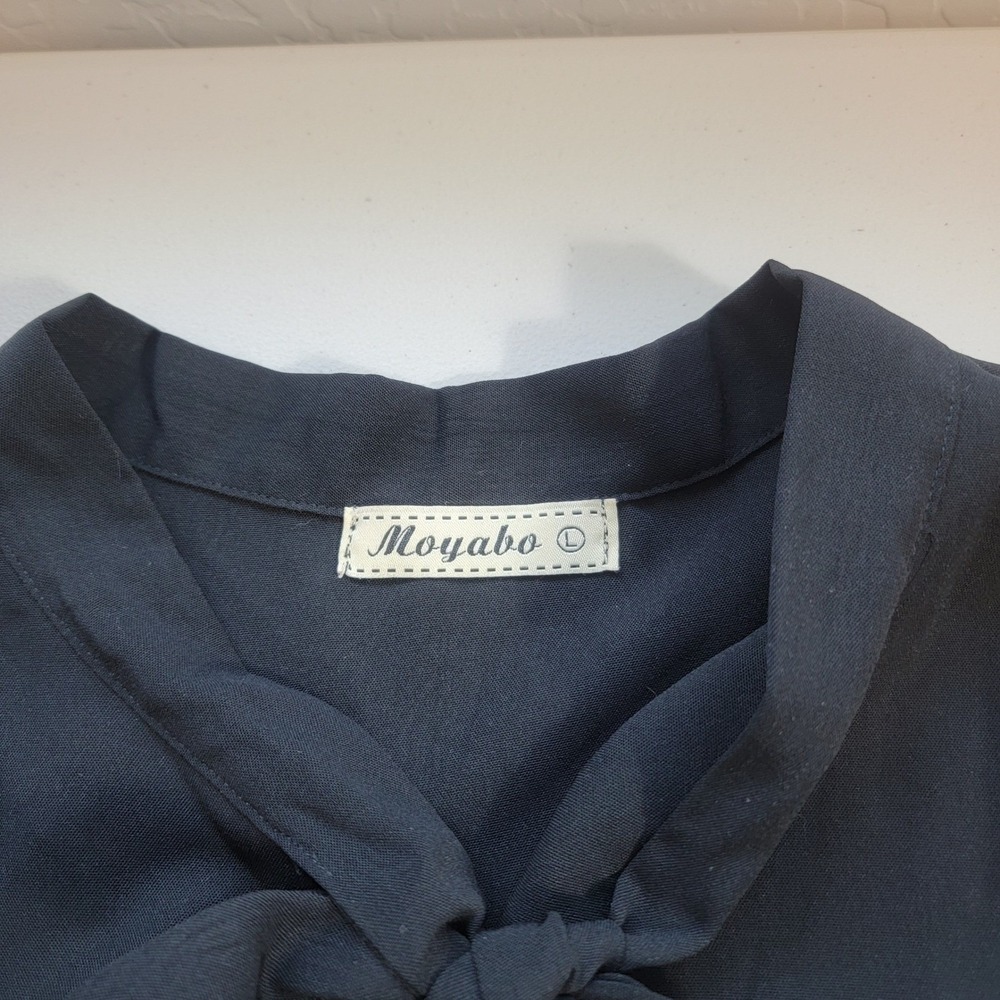 Vintage Moyabo Tie Neck Blouse Women Large Black Roll Tab Sleeve Chiffon Career - Picture 4 of 11